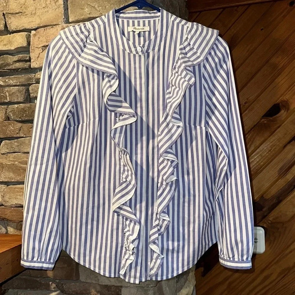 MADEWELL Whitney Striped Ruffle Top Blouse Blue / White XS Button Down Long Slv - Picture 1 of 8